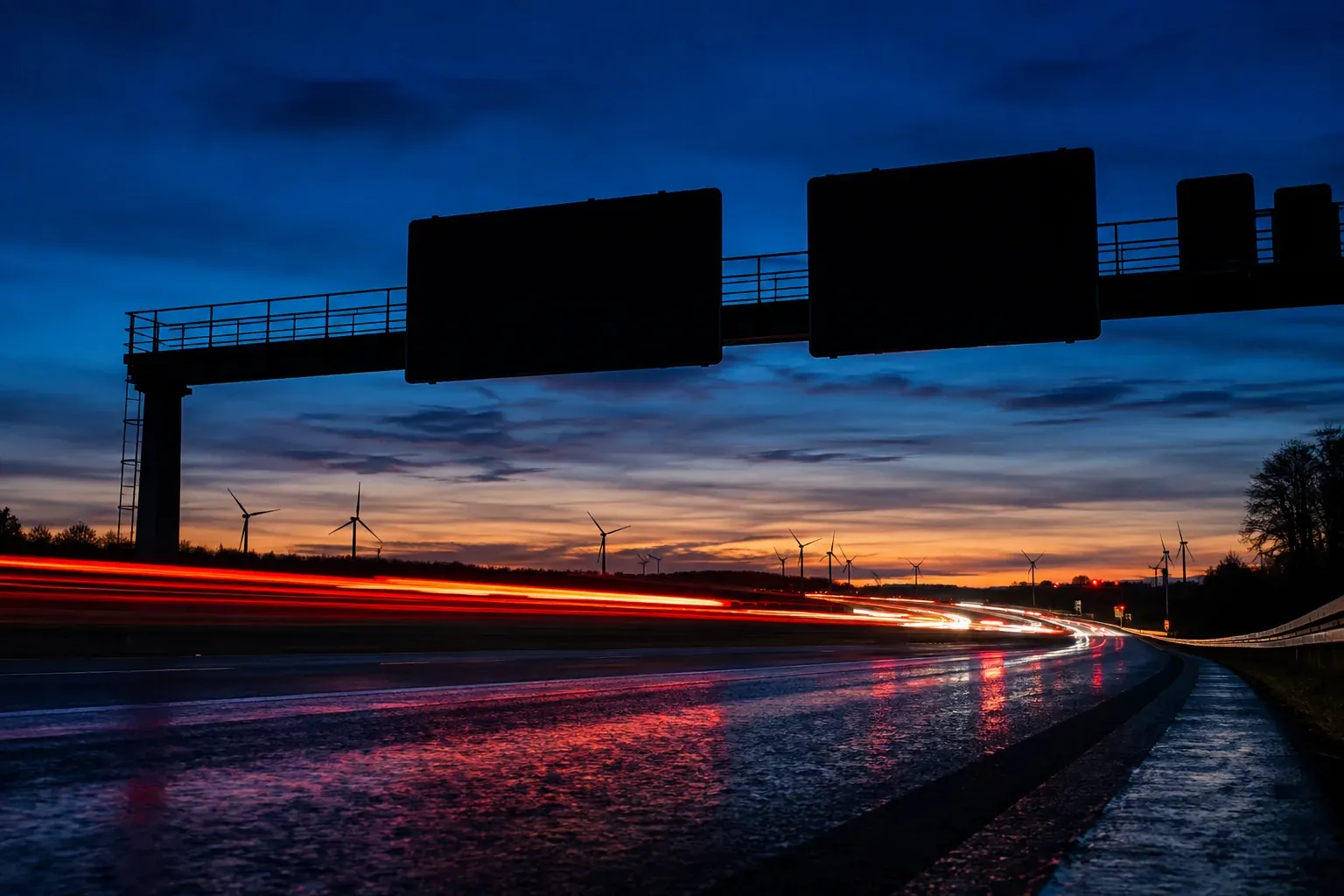 Deutsche Autobahn zur blauen Stunde mit Lichtspuren und einer Schilderbrücke